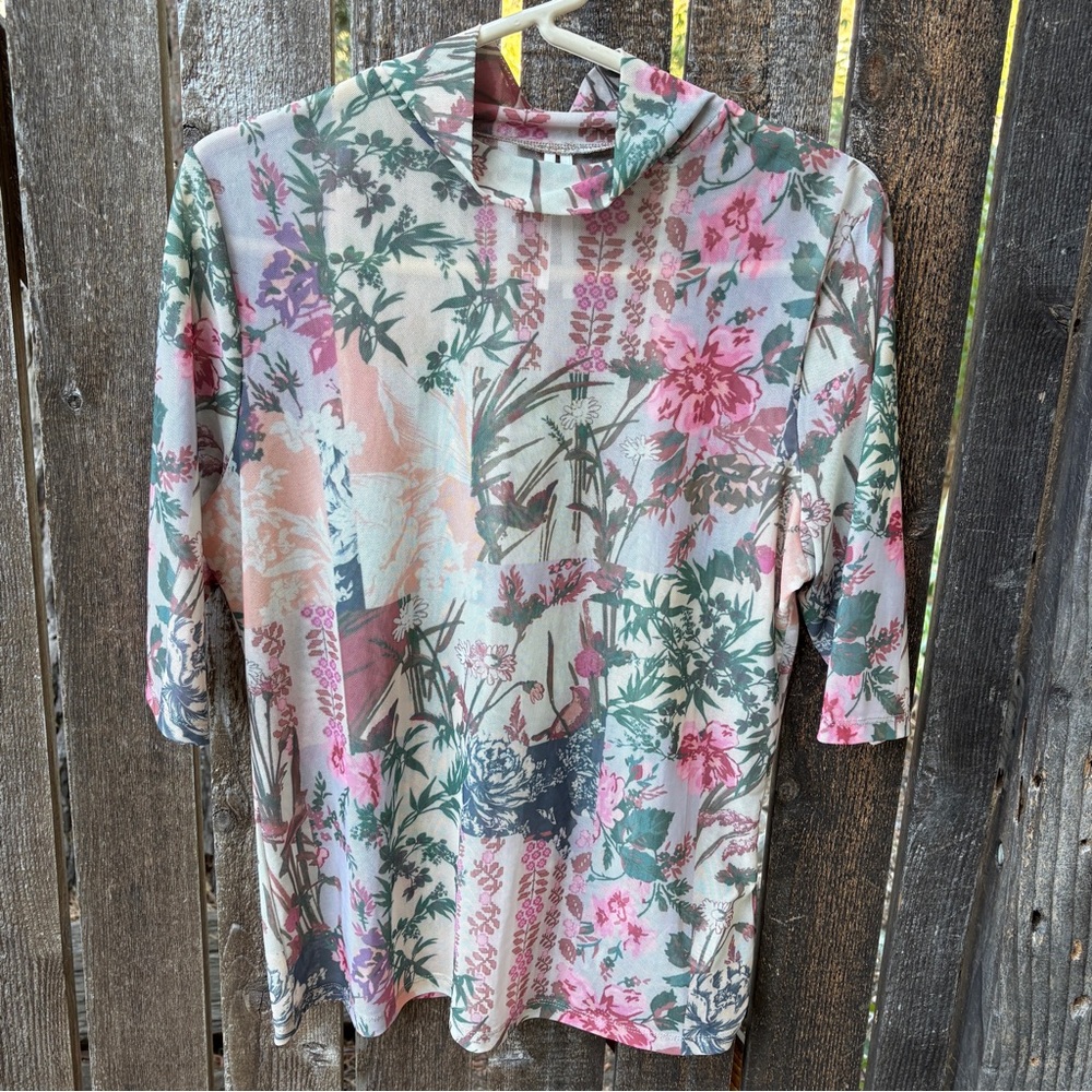 By Anthropologie Floral Printed Semi-Sheer Mesh Turtleneck Top Sz L